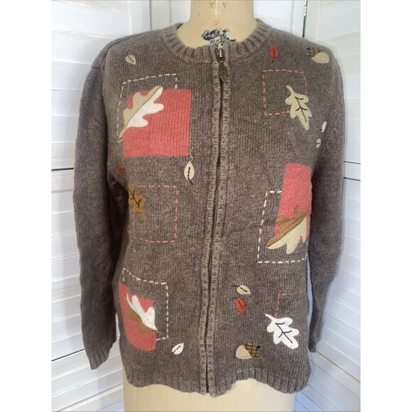Croft & Barrow Brown Acrylic Blend Cardigan Sweater Medium Autumn Fall Leaves - Picture 1 of 11